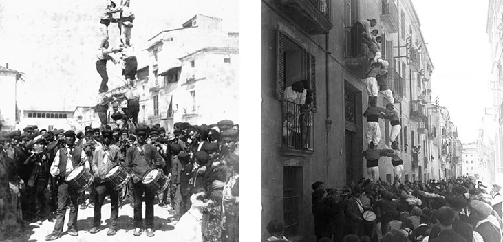 Fotografia històrica de castells al segle XIX, els orígens de la tradició castellera a Catalunya
